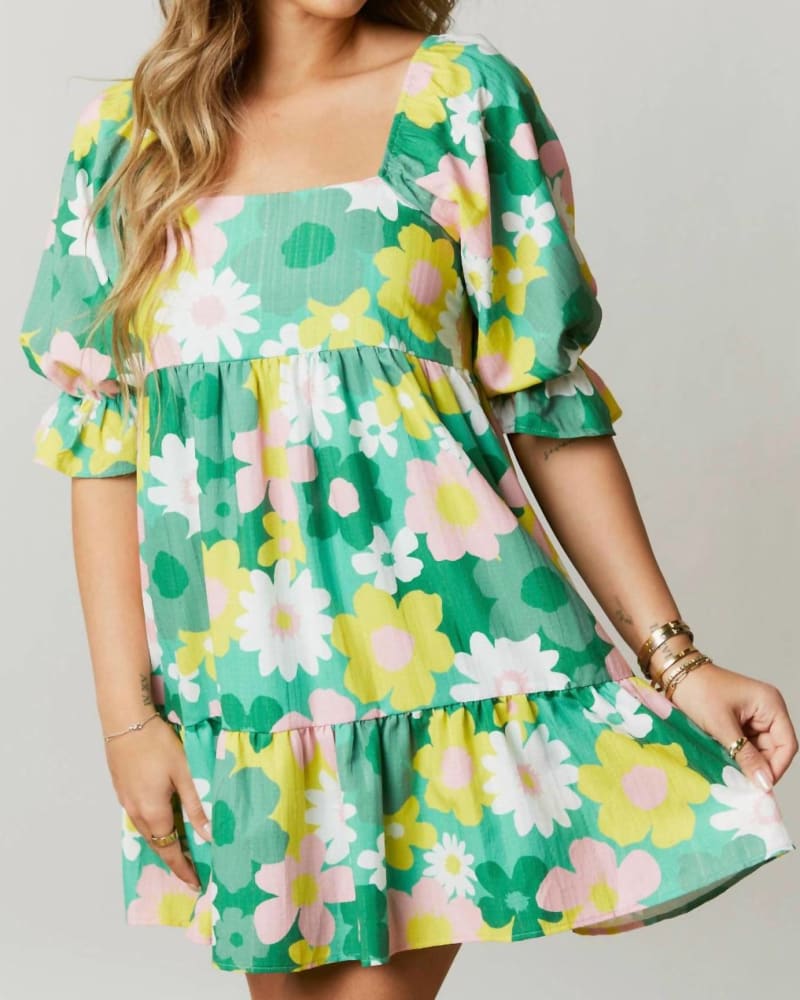 Front of a model wearing a size LARGE All About It Dress In Green Floral in Green Floral by Peach Love. | dia_product_style_image_id:346647